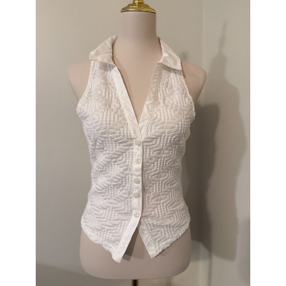 Maeve Anthropologie White Smocked Button Front Sleeveless Collared Top M